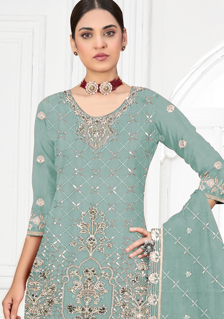 Light Green Embroidered Faux Georgette Kurta Set