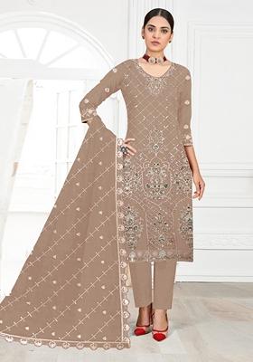 Chiku Brown Embroidered Faux Georgette Kurta Set
