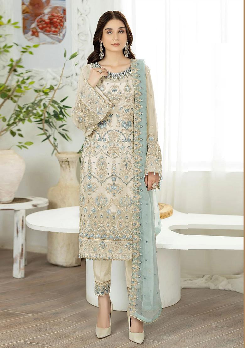 White Embroidered Faux Georgette Kurta Set