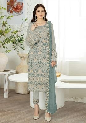 Light Grey Embroidered Faux Georgette Kurta Set