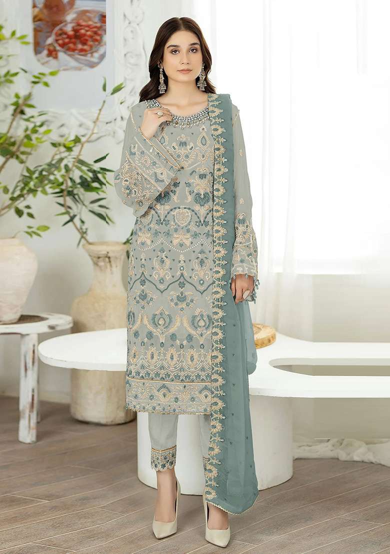 Light Grey Embroidered Faux Georgette Kurta Set - Indya