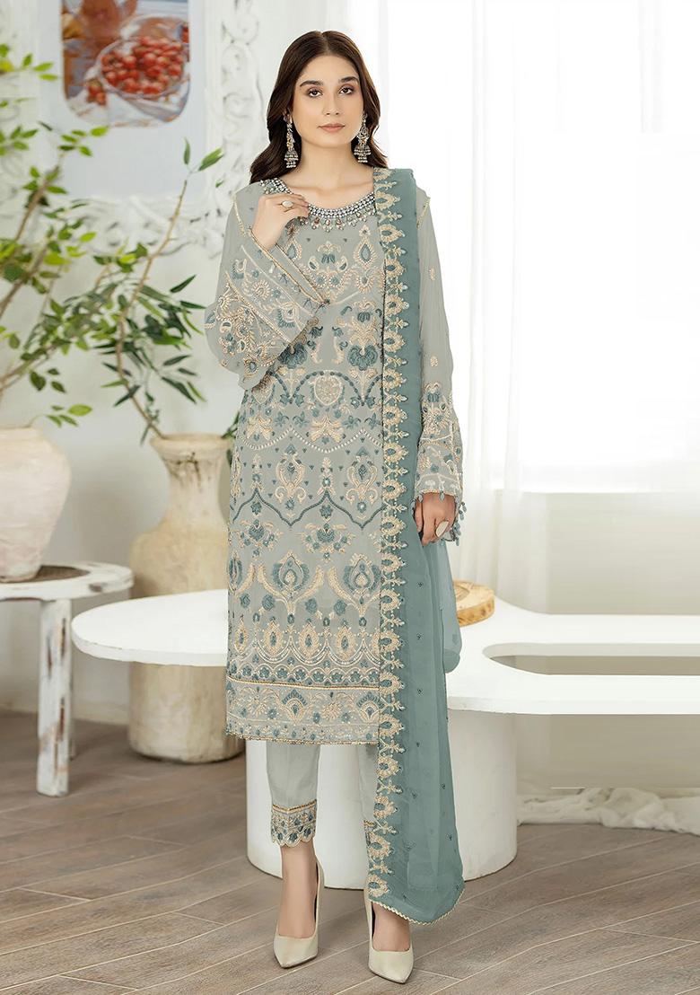 Light Grey Embroidered Faux Georgette Kurta Set