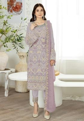 Light Grey Embroidered Faux Georgette Kurta Set