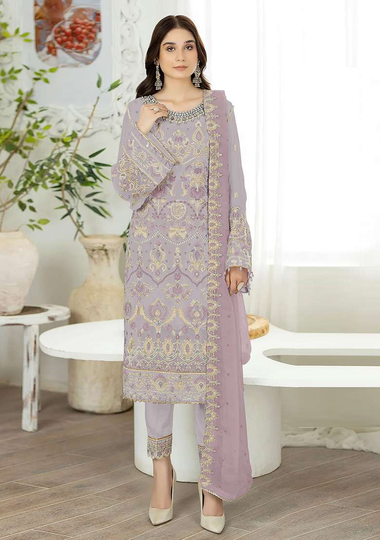 Light Grey Embroidered Faux Georgette Kurta Set - Indya
