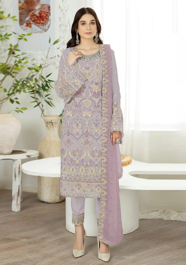 Light Grey Embroidered Faux Georgette Kurta Set