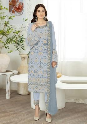 Sky Blue Embroidered Faux Georgette Kurta Set