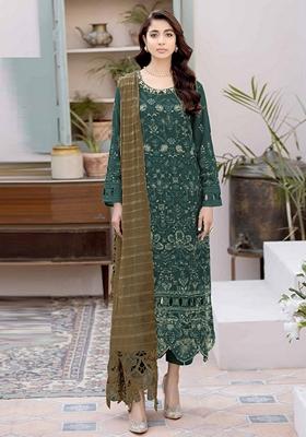 Teal Green Embroidered Faux Georgette Kurta Set