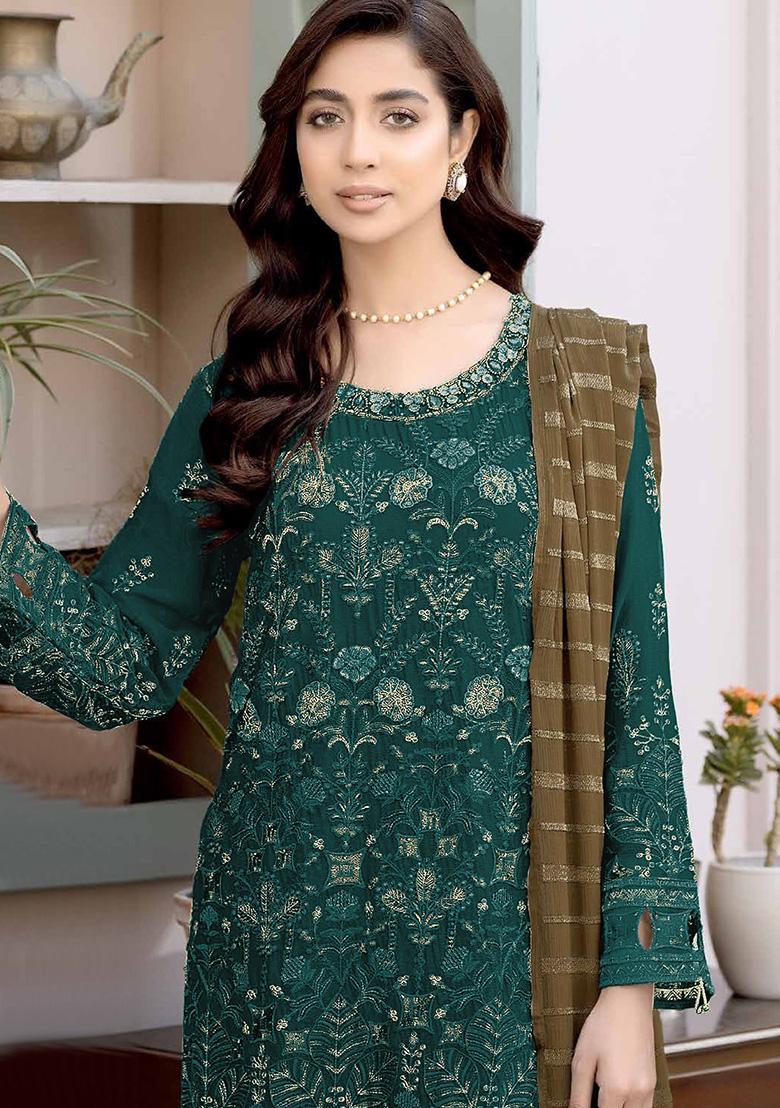 Teal Green Embroidered Faux Georgette Kurta Set