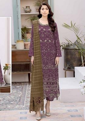 Purple Embroidered Faux Georgette Kurta Set