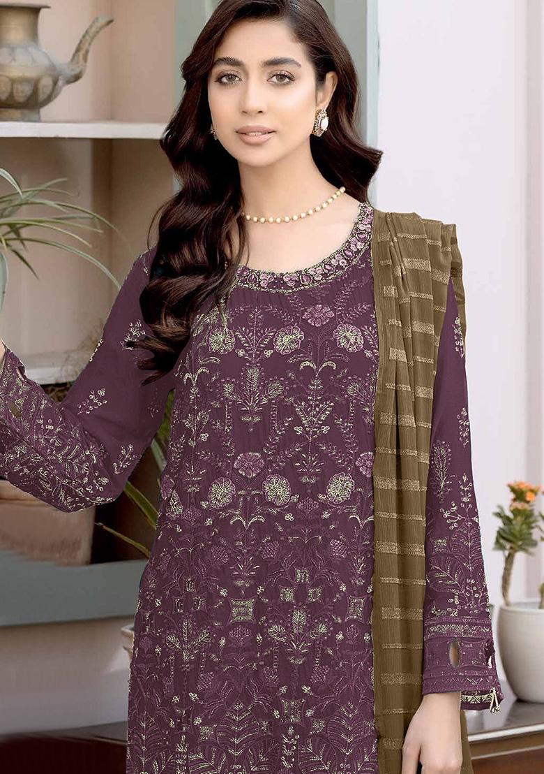 Purple Embroidered Faux Georgette Kurta Set