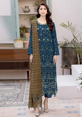 Teal Embroidered Faux Georgette Kurta Set