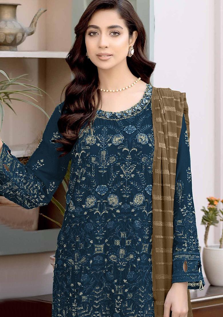 Teal Embroidered Faux Georgette Kurta Set