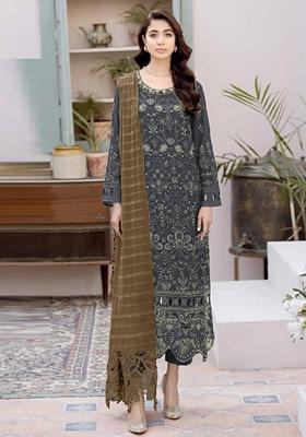 Grey Embroidered Faux Georgette Kurta Set