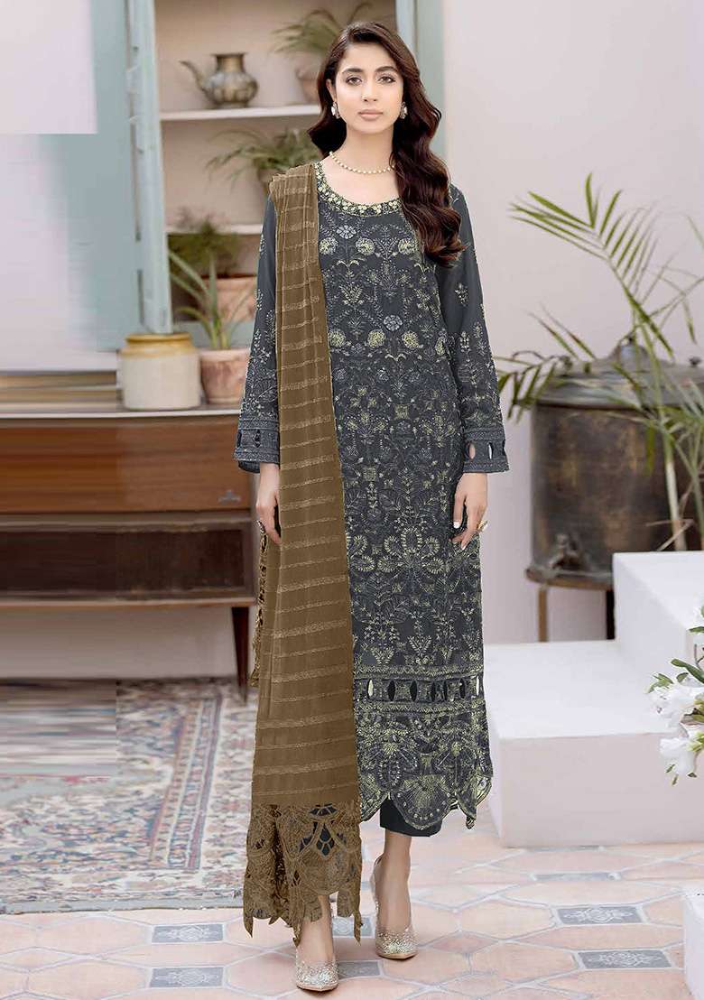 Grey Embroidered Faux Georgette Kurta Set - Indya