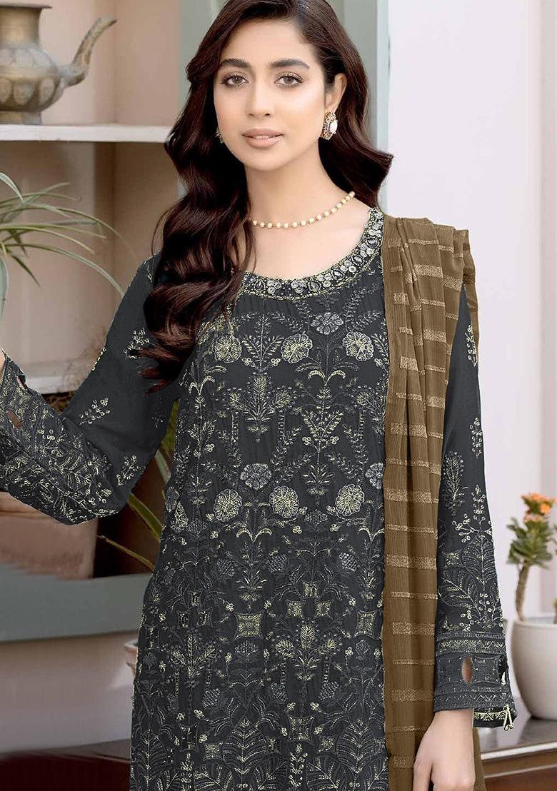 Grey Embroidered Faux Georgette Kurta Set
