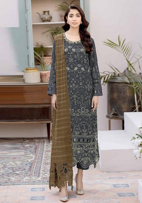 Grey Embroidered Faux Georgette Kurta Set