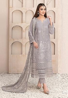 Grey Embroidered Faux Georgette Kurta Set