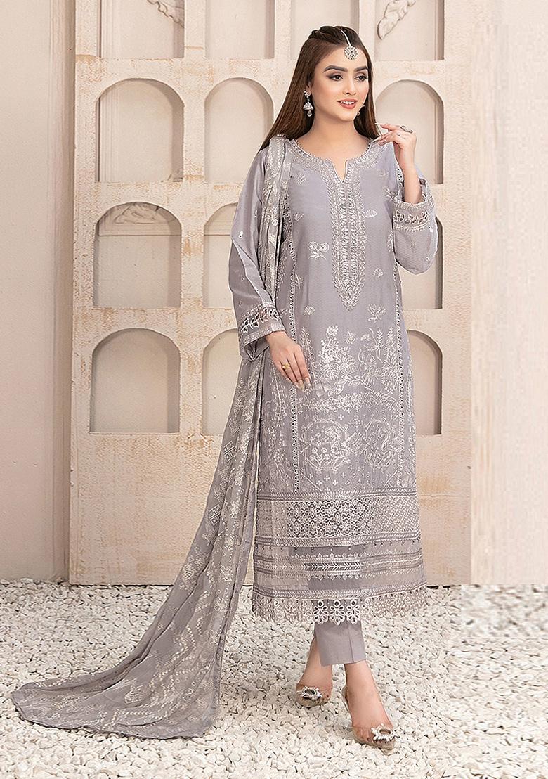 Grey Embroidered Faux Georgette Kurta Set