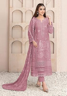 Pink Embroidered Faux Georgette Kurta Set