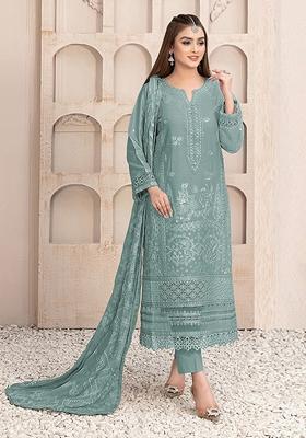 Sky Blue Embroidered Faux Georgette Kurta Set