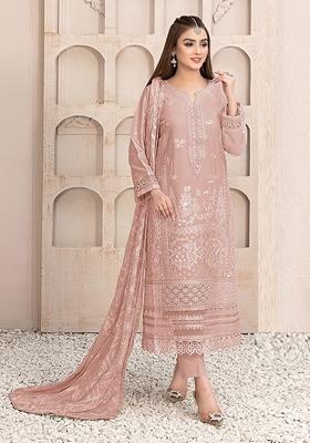 Peach Embroidered Faux Georgette Kurta Set