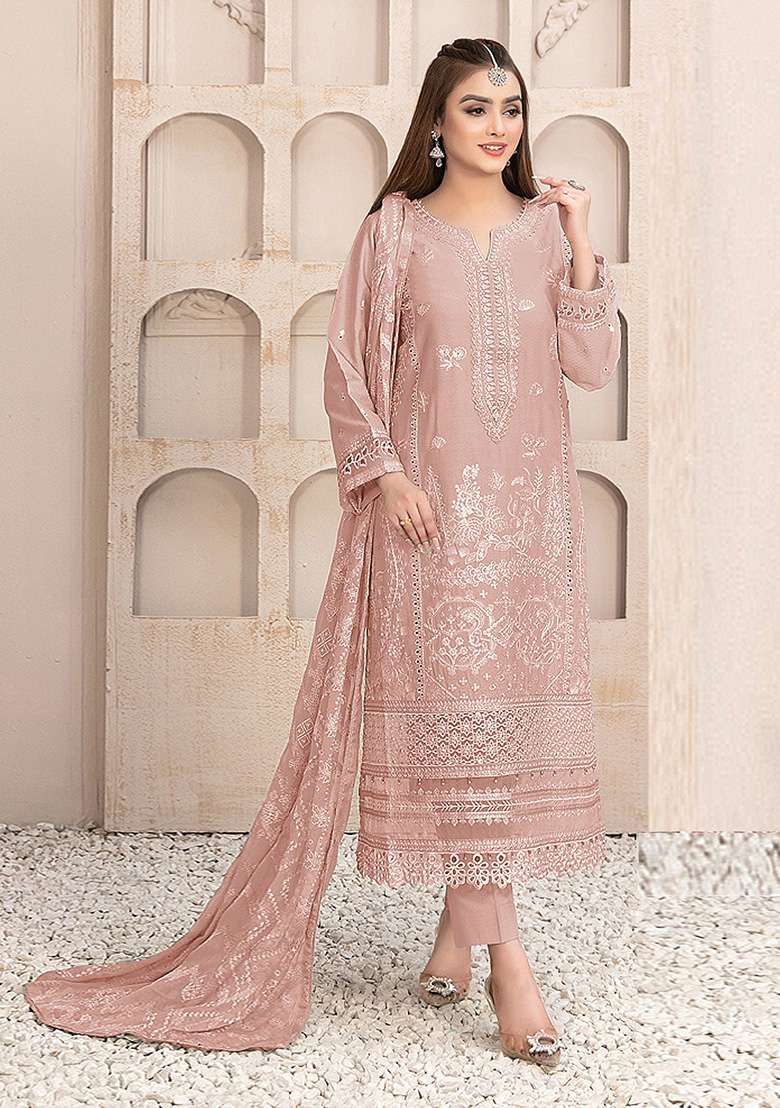 Peach Chikankari Faux Blooming Pakistani Suit Set - Indya