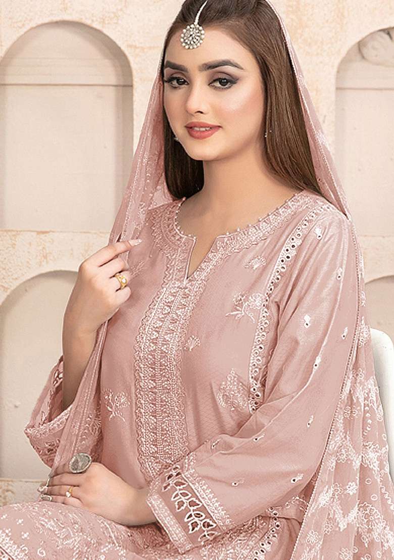 Peach Chikankari Faux Blooming Pakistani Suit Set - Indya