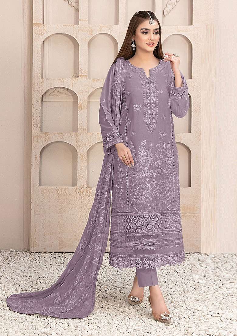 Lavender Chikankari Faux Blooming Pakistani Suit Set - Indya