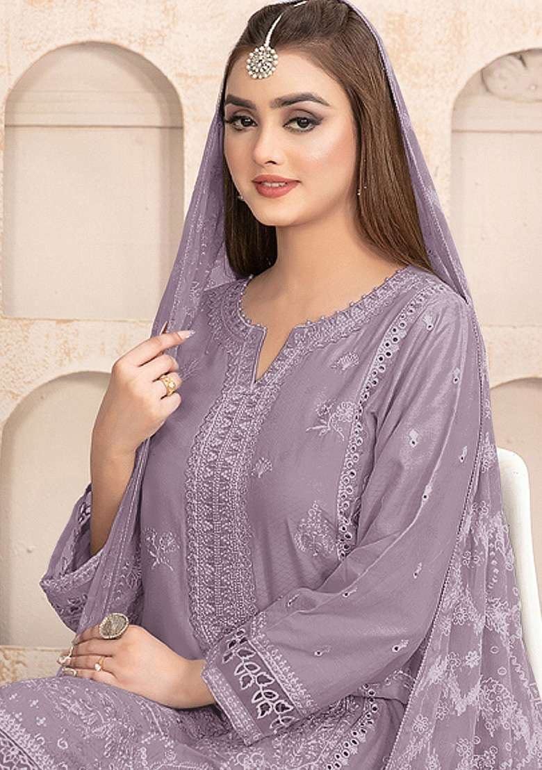 Lavender Chikankari Faux Blooming Pakistani Suit Set - Indya