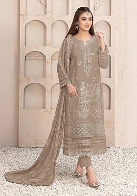 Chiku Brown Embroidered Faux Georgette Kurta Set