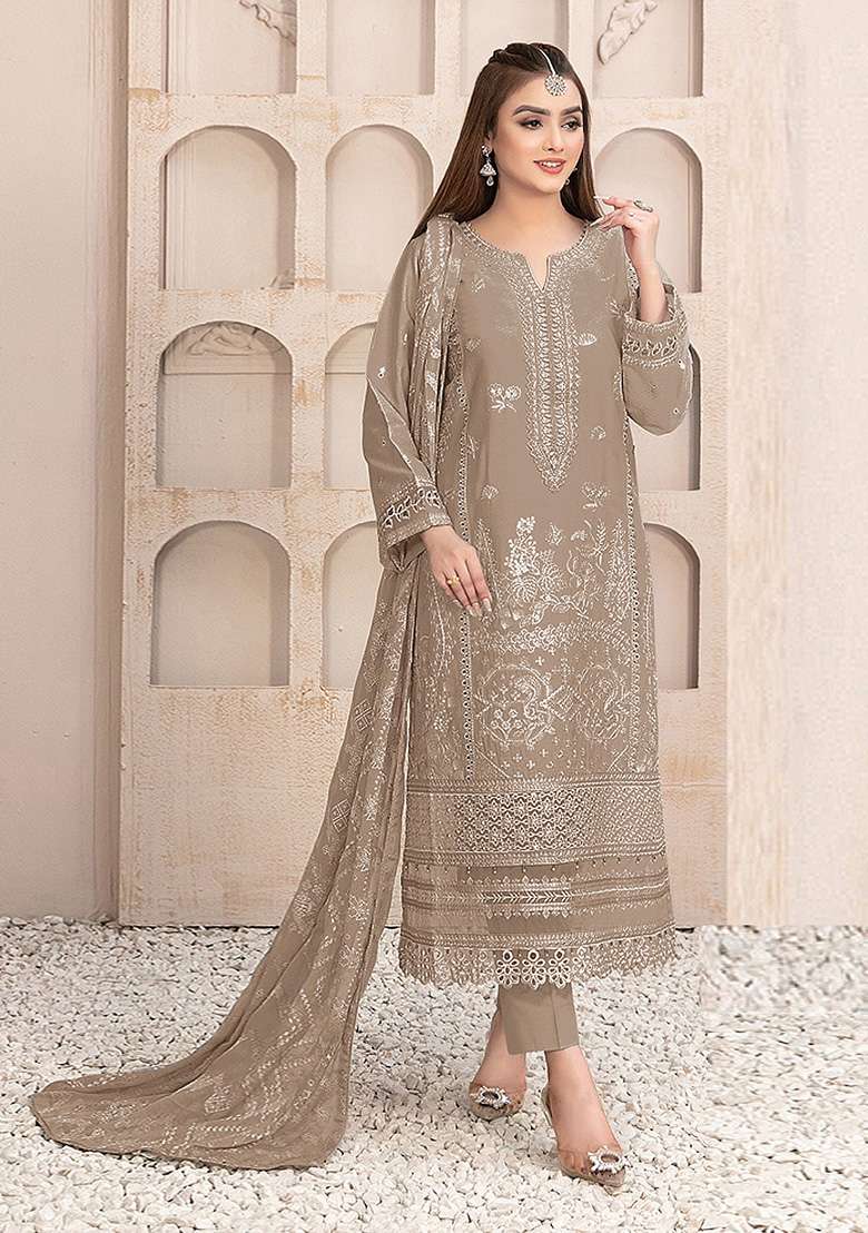 Chiku Brown Embroidered Faux Blooming Pakistani Suit Set - Indya