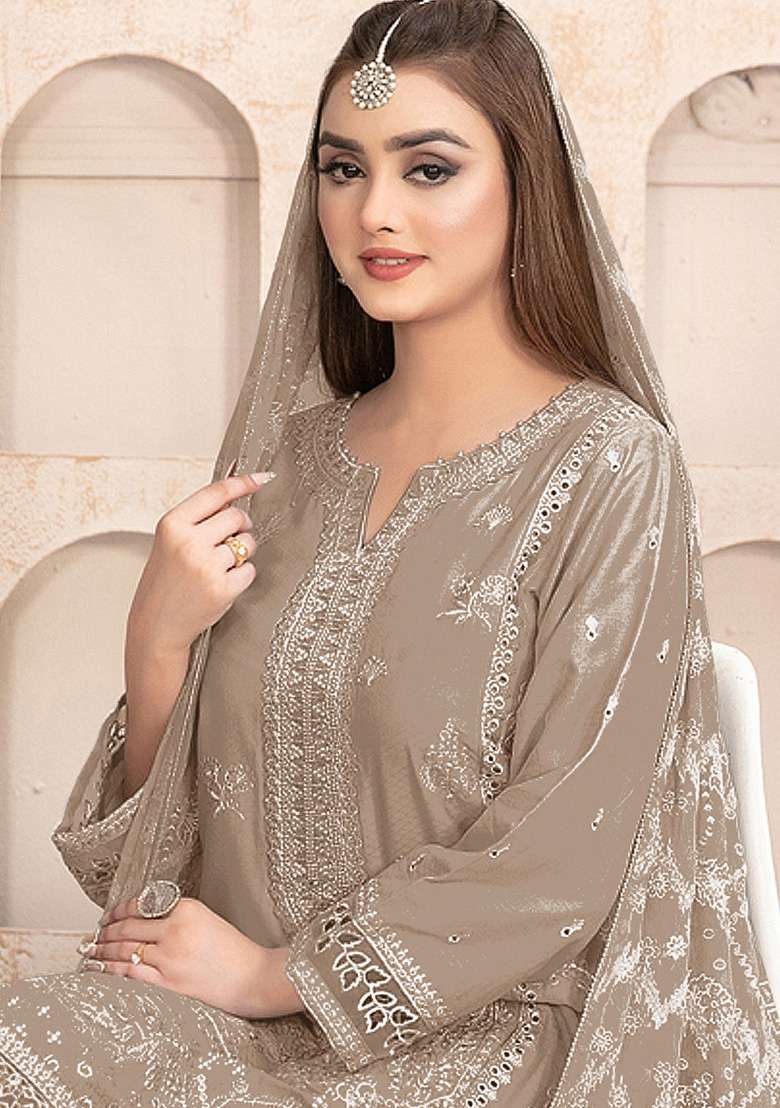 Chiku Brown Embroidered Faux Blooming Pakistani Suit Set - Indya