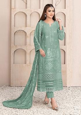 Green Embroidered Faux Georgette Kurta Set