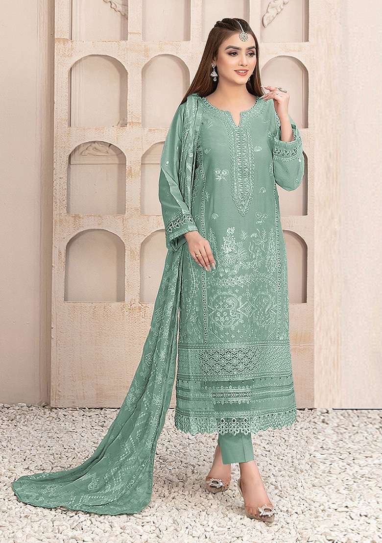 Green Chikankari Faux Blooming Pakistani Suit Set - Indya