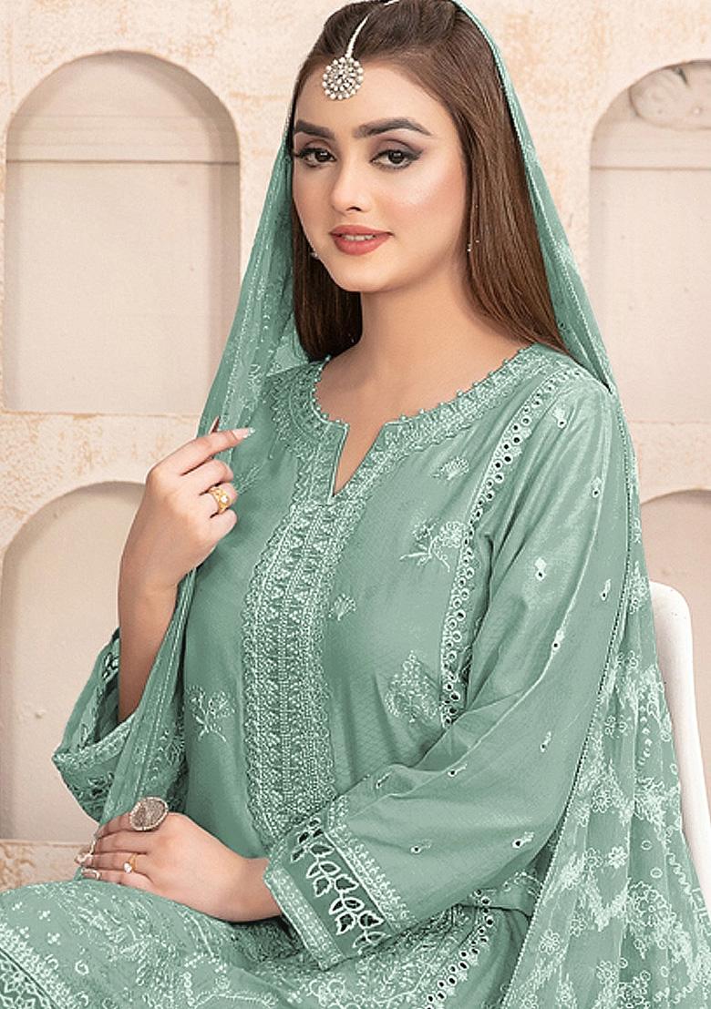 Green Embroidered Faux Georgette Kurta Set