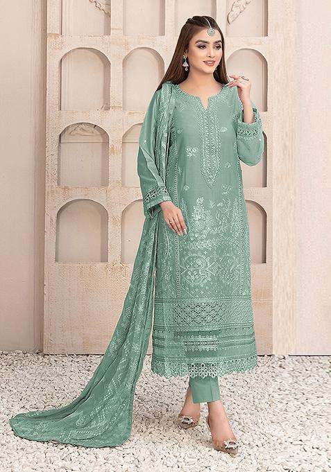 Green Embroidered Faux Georgette Kurta Set