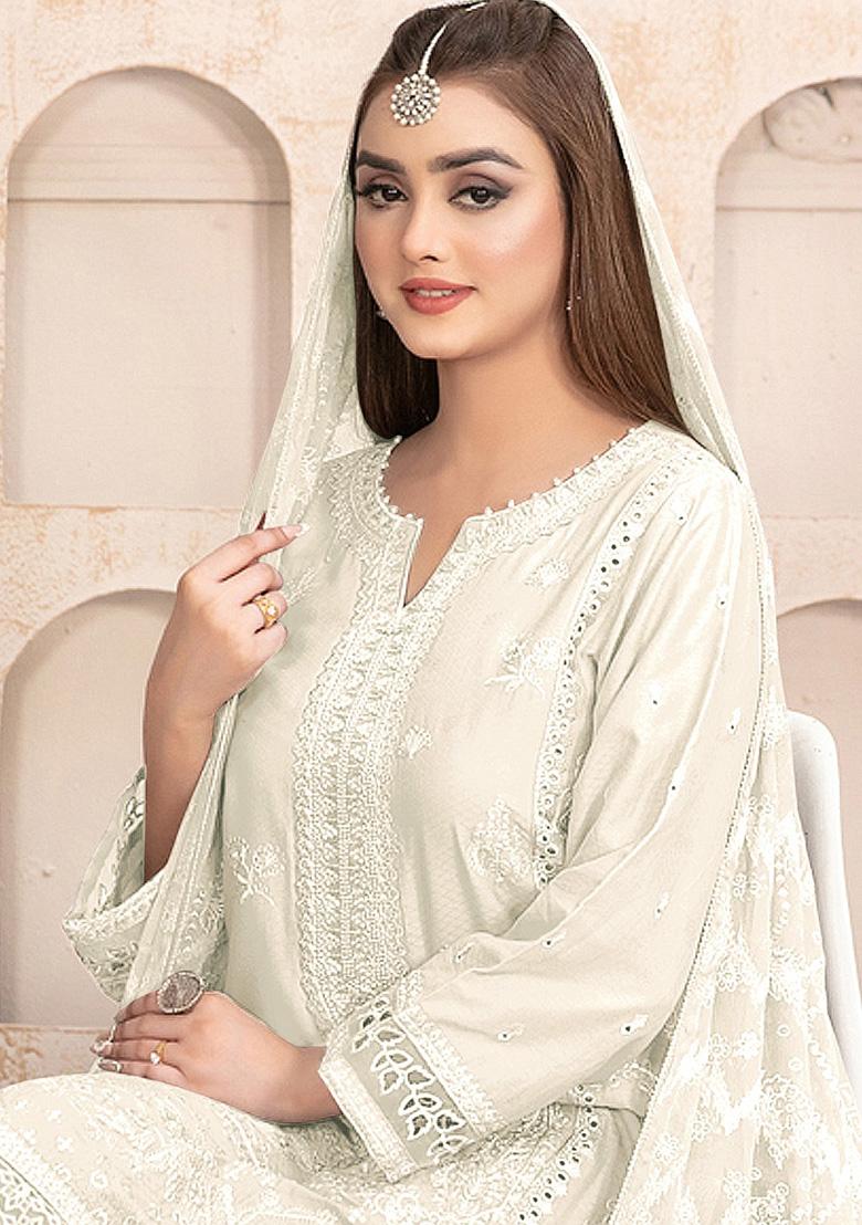 White Embroidered Faux Georgette Kurta Set