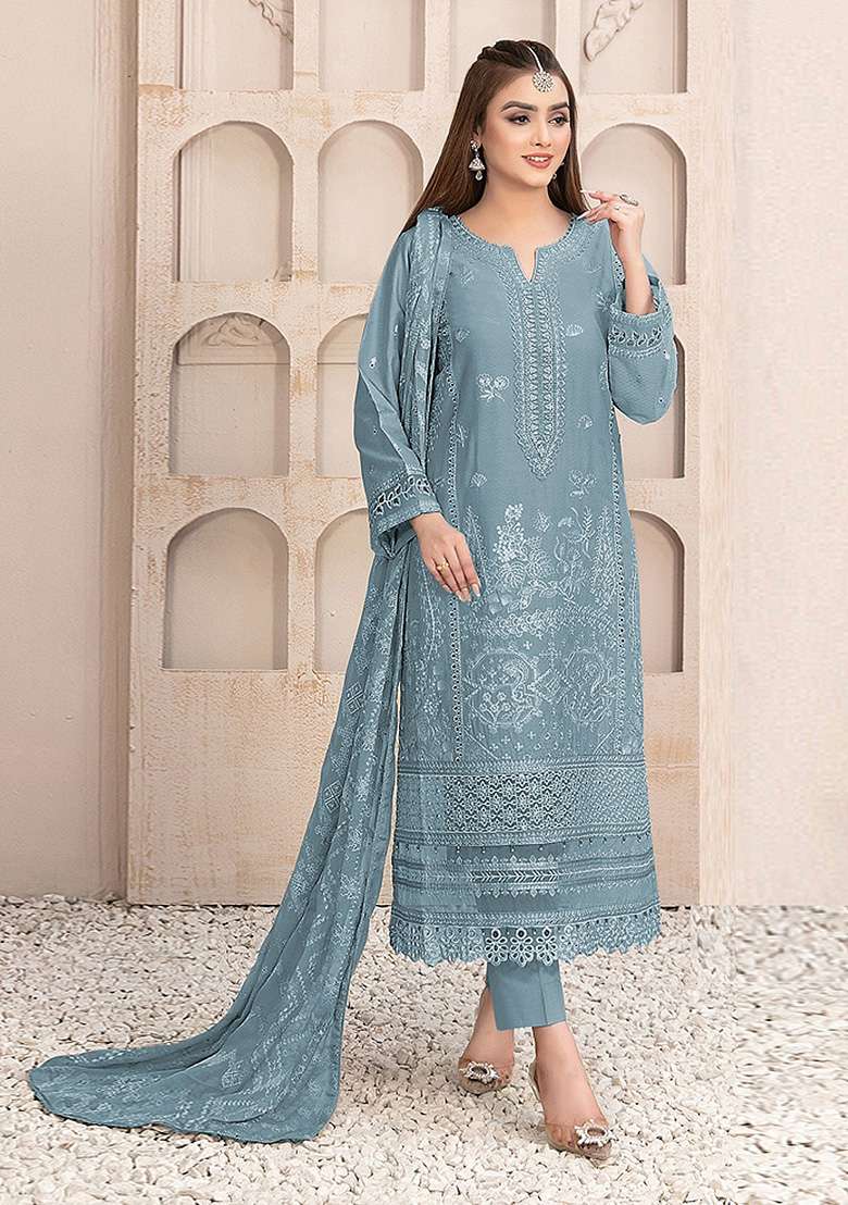 Slate Grey Embroidered Faux Georgette Kurta Set - Indya
