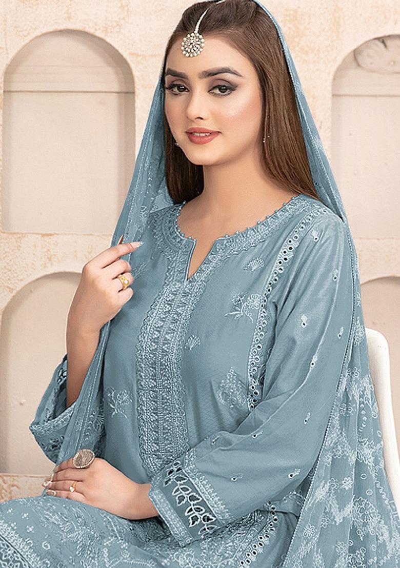 Slate Grey Embroidered Faux Georgette Kurta Set