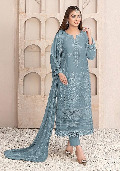 Slate Grey Embroidered Faux Georgette Kurta Set