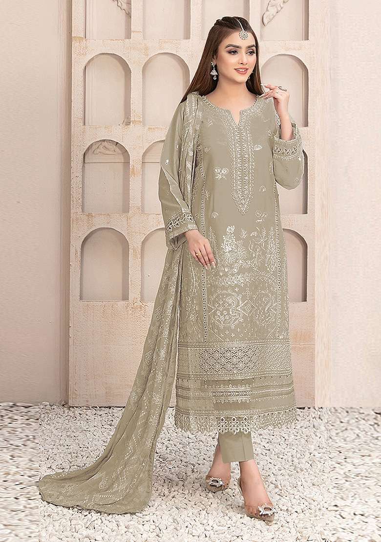 Cream Embroidered Faux Blooming Pakistani Suit Set - Indya