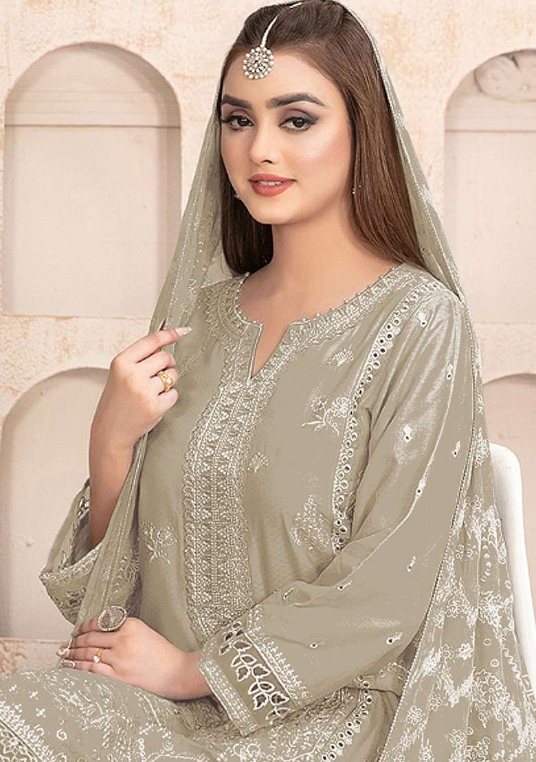 Cream Embroidered Faux Blooming Pakistani Suit Set - Indya