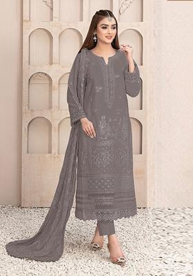 Dark Grey Embroidered Faux Georgette Kurta Set
