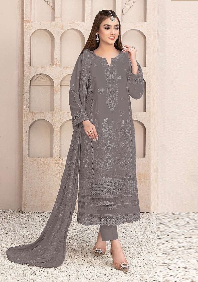 Dark Grey Chikankari Faux Blooming Pakistani Suit Set - Indya