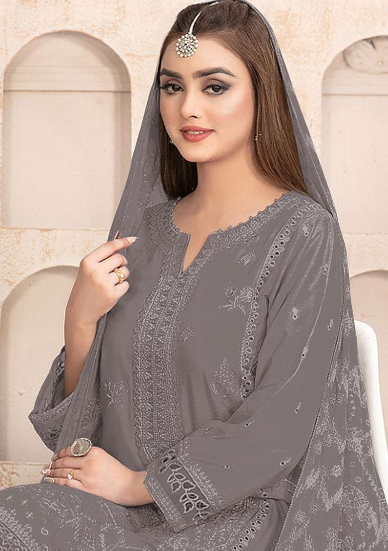 Dark Grey Chikankari Faux Blooming Pakistani Suit Set - Indya
