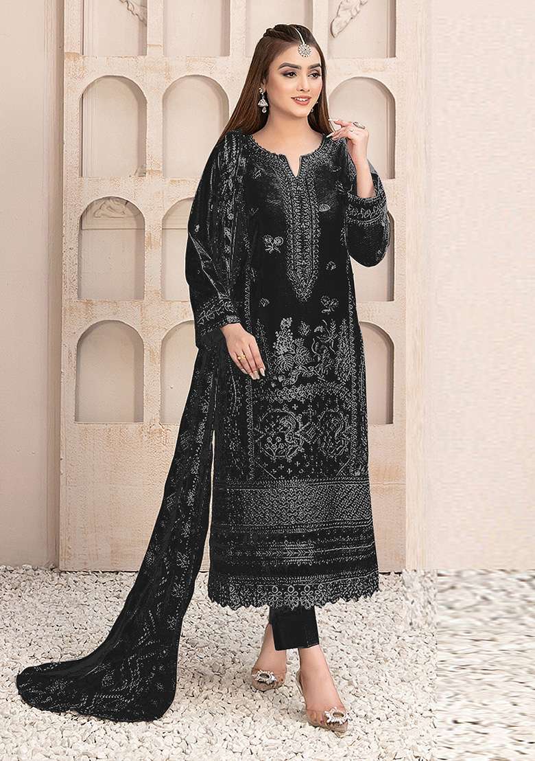 Black Embroidered Faux Georgette Kurta Set - Indya