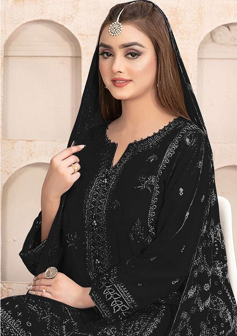 Black Embroidered Faux Georgette Kurta Set - Indya