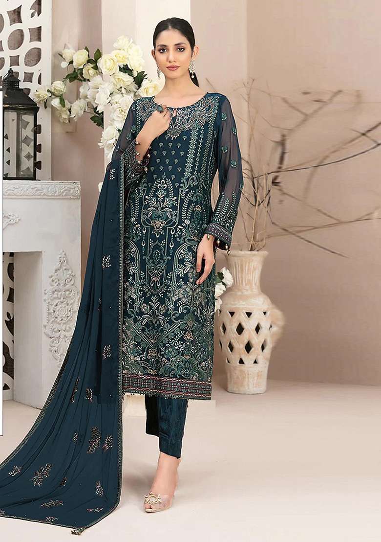 Navy Blue Embroidered Faux Georgette Kurta Set - Indya