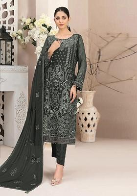 Dark Grey Embroidered Faux Georgette Kurta Set
