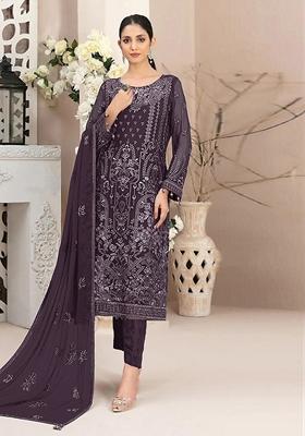 Purple Embroidered Faux Georgette Kurta Set